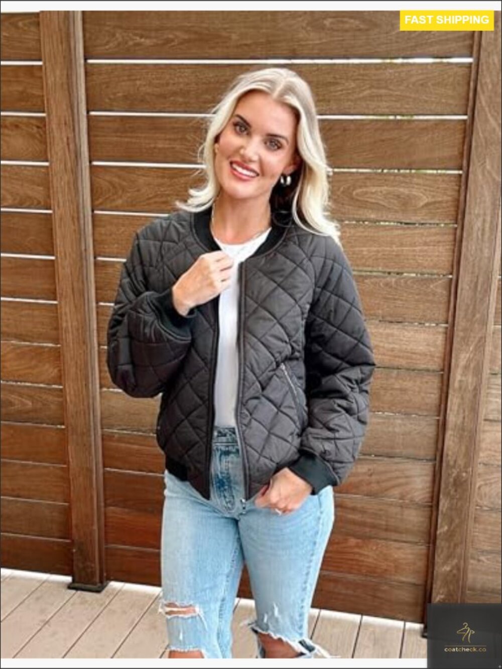 Quilted Bomber Jacket Zip Up Lightweight Casual Coat with Pockets Long Sleeve - Picture 2 of 6
